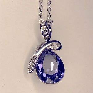 Vintage Purple teardrop with synthetic diamond ribbon silver necklace